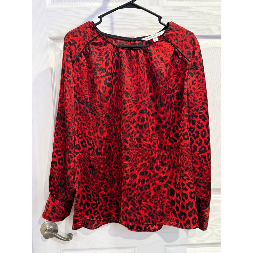 Rebecca Malone Womens XL Red Black Leopard Print Satin Long Sleeve Blouse Top‎